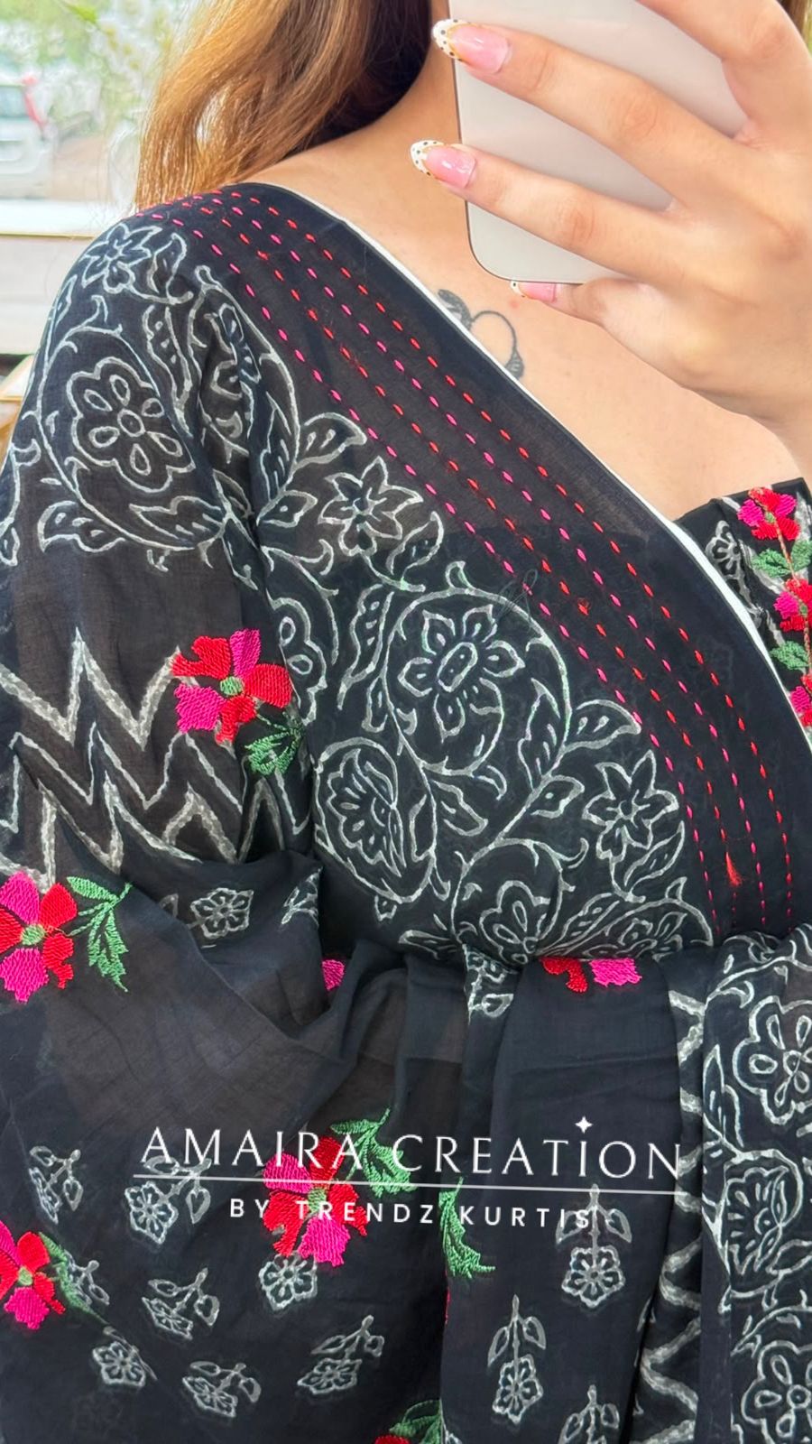 Premium Cotton Black Colour Red Thread Embroidery Detailing Unstitch Suit