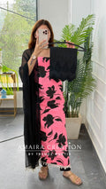 Premium Cotton Pink Black Colour Unstitched Suit With Chiffon Dupatta And Cut Work Detailing Bottom