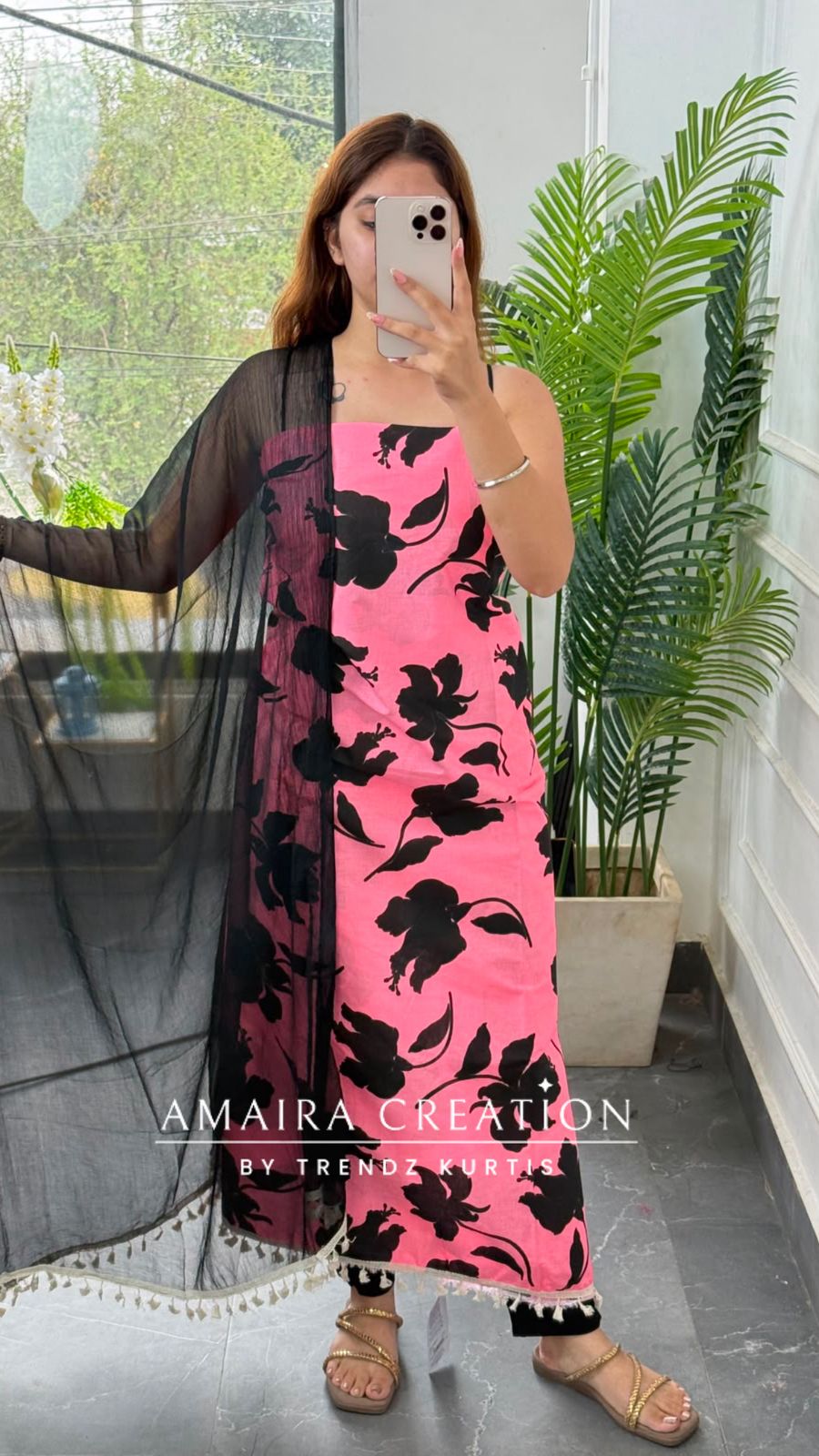 Premium Cotton Pink Black Colour Unstitched Suit With Chiffon Dupatta And Cut Work Detailing Bottom