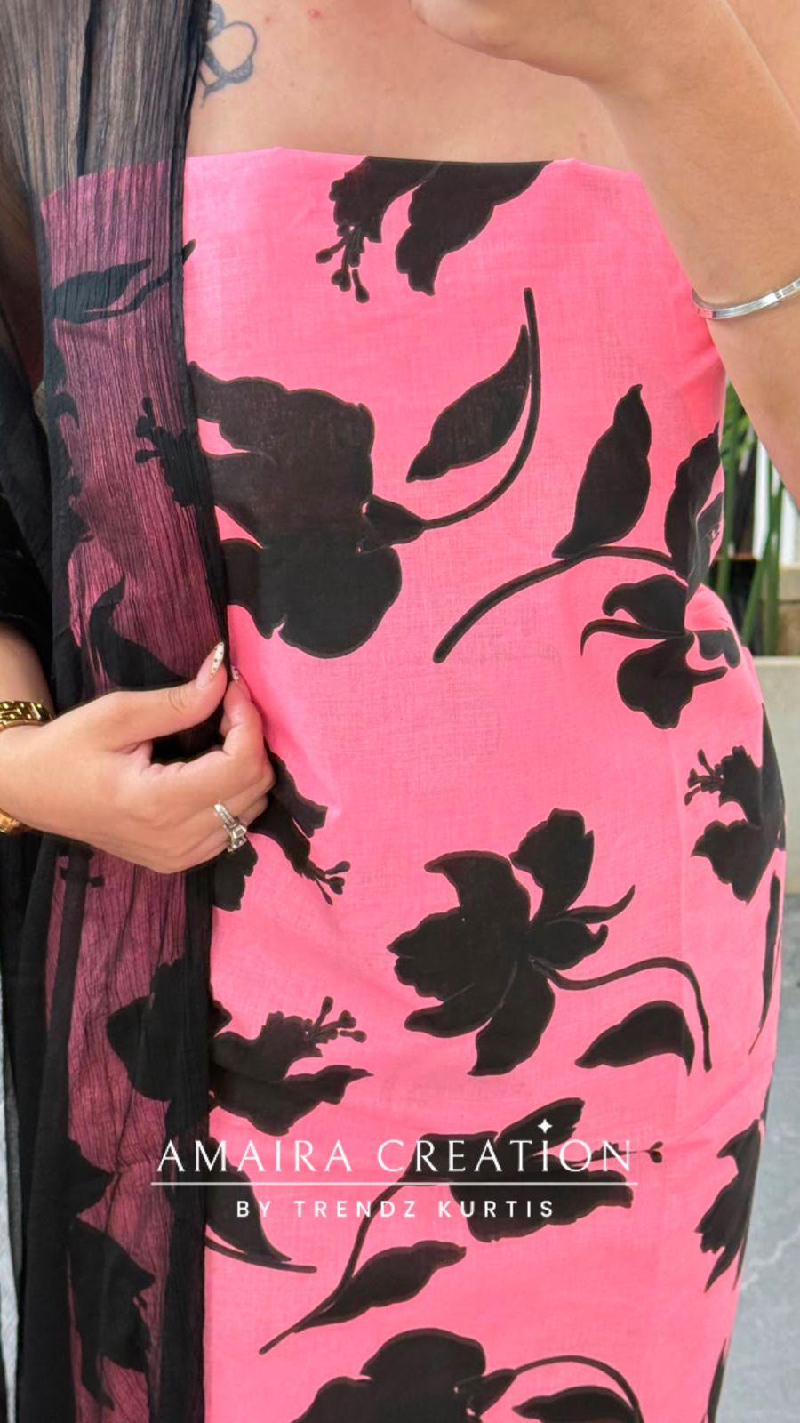 Premium Cotton Pink Black Colour Unstitched Suit With Chiffon Dupatta And Cut Work Detailing Bottom