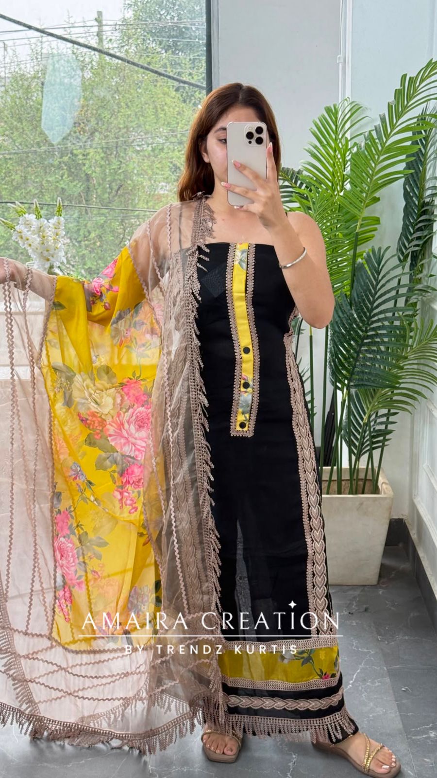 Premium Organza Black Colour Unstitched Suit With Beige Colour Lace Detailing