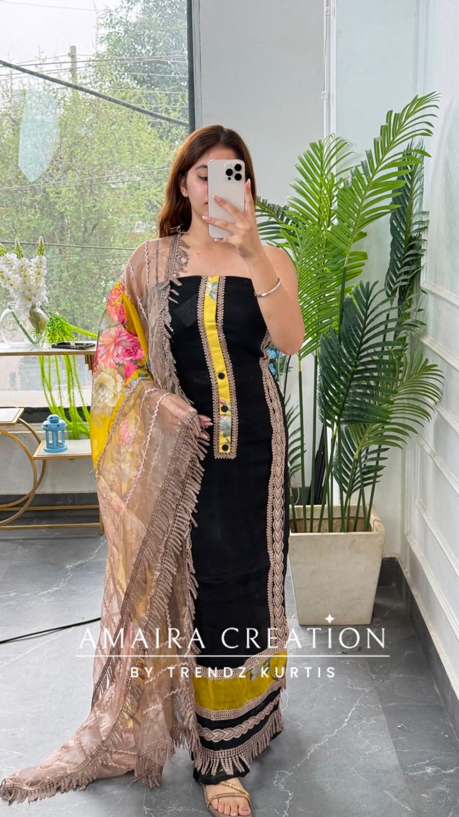 Premium Organza Black Colour Unstitched Suit With Beige Colour Lace Detailing
