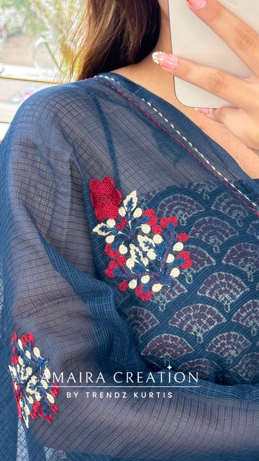 Premium Cotton Navy Blue Colour Unstitched Suit With Beautiful Kota Doria Thread Embroidery Dupatta