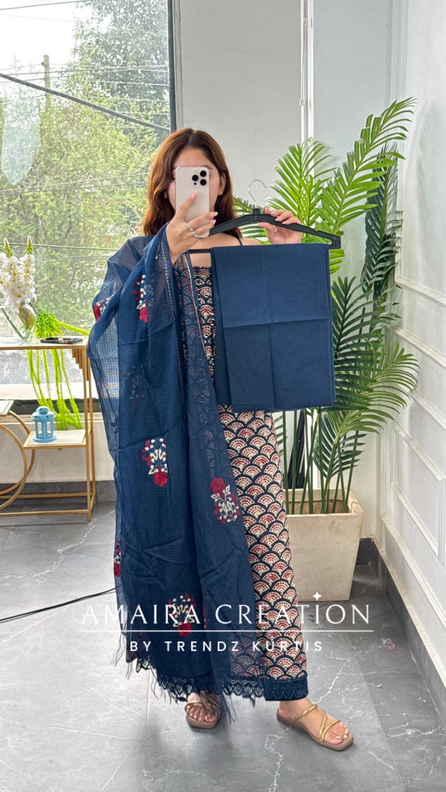 Premium Cotton Navy Blue Colour Unstitched Suit With Beautiful Kota Doria Thread Embroidery Dupatta