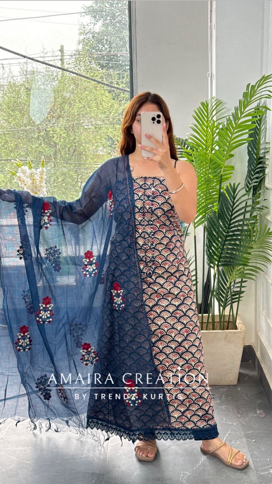 Premium Cotton Navy Blue Colour Unstitched Suit With Beautiful Kota Doria Thread Embroidery Dupatta