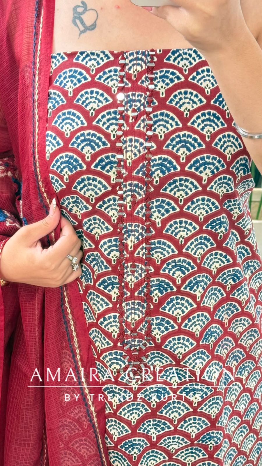 Premium Cotton Maroon Colour Unstitched Suit With Beautiful Kota Doria Thread Embroidery Dupatta