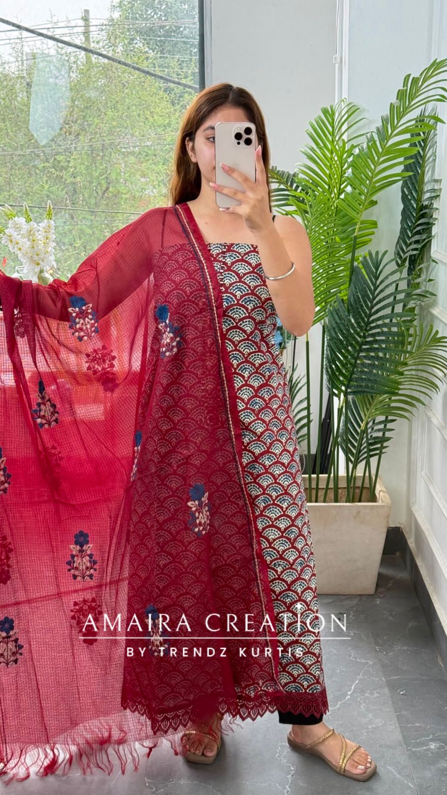 Premium Cotton Maroon Colour Unstitched Suit With Beautiful Kota Doria Thread Embroidery Dupatta
