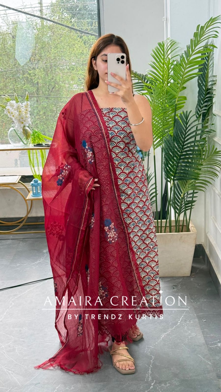 Premium Cotton Maroon Colour Unstitched Suit With Beautiful Kota Doria Thread Embroidery Dupatta
