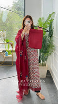 Premium Cotton Maroon Colour Unstitched Suit With Beautiful Kota Doria Thread Embroidery Dupatta