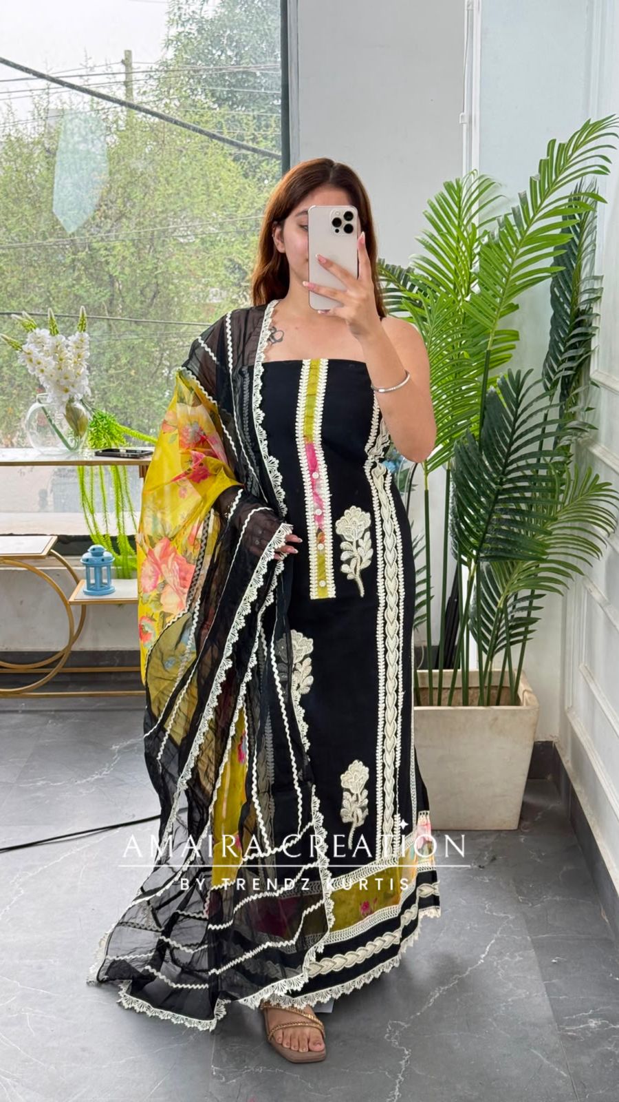 Premium Cotton Lace n Thread Embroidery Detailing Unstitched Suit With Organza Dupatta