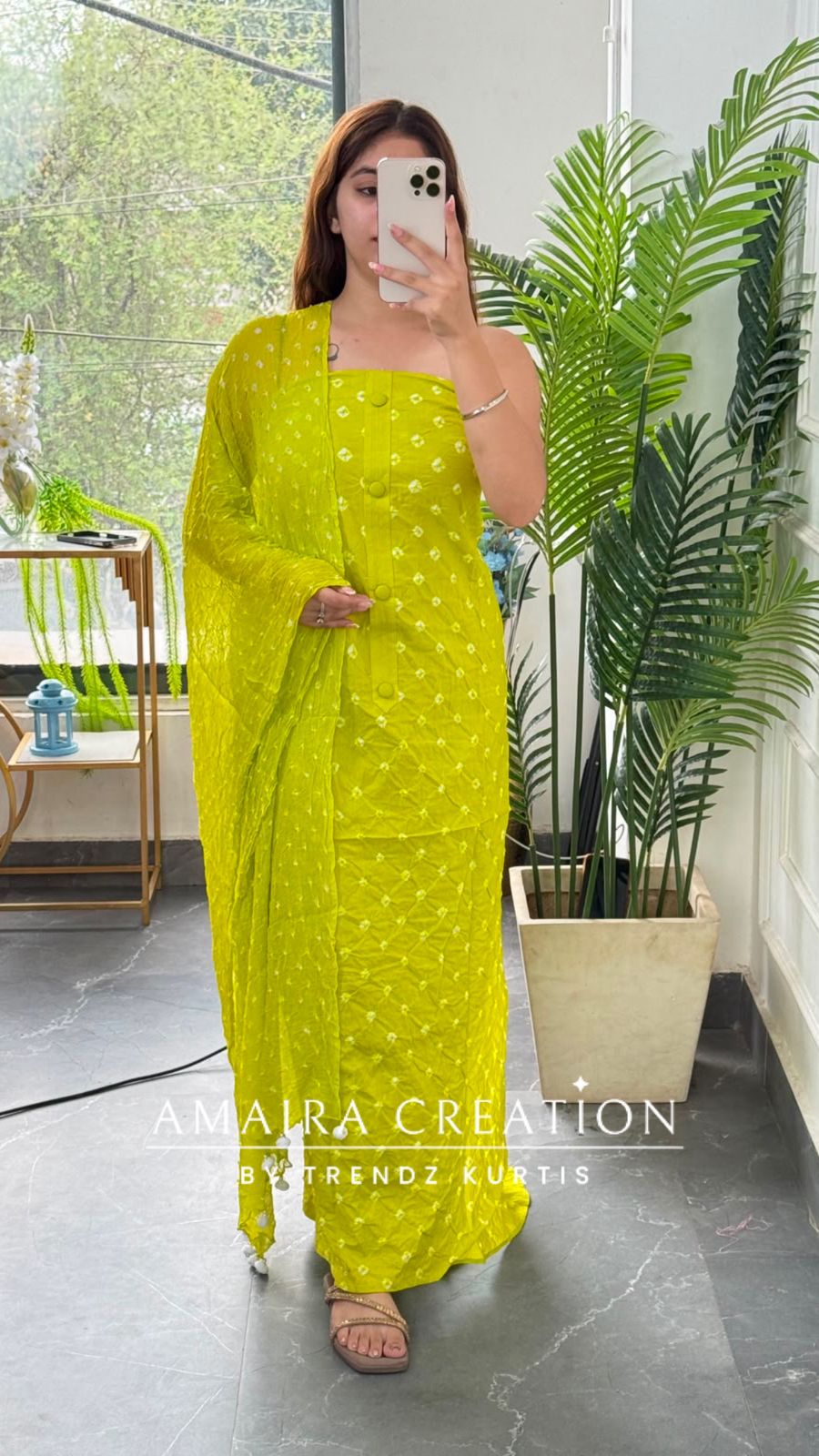 Premium Cotton Parrot Green Colour Bandhni Print Unstitched Suit With Chiffon Dupatta