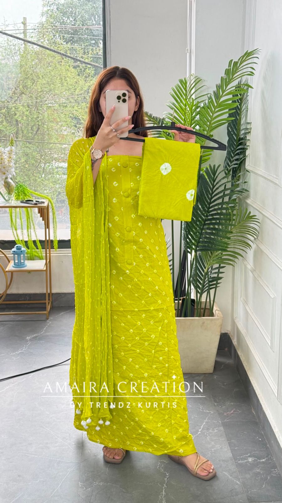 Premium Cotton Parrot Green Colour Bandhni Print Unstitched Suit With Chiffon Dupatta