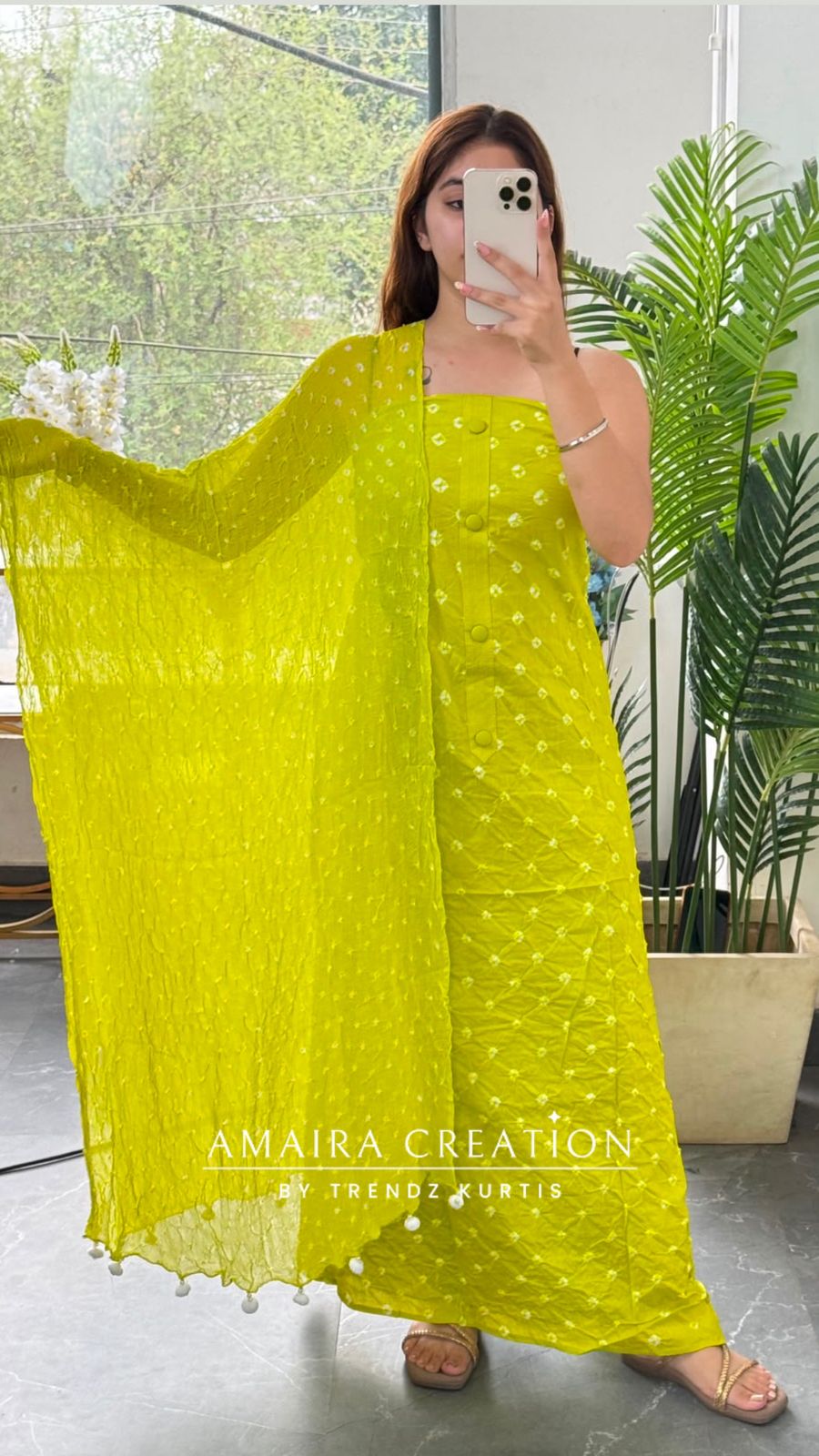 Premium Cotton Parrot Green Colour Bandhni Print Unstitched Suit With Chiffon Dupatta