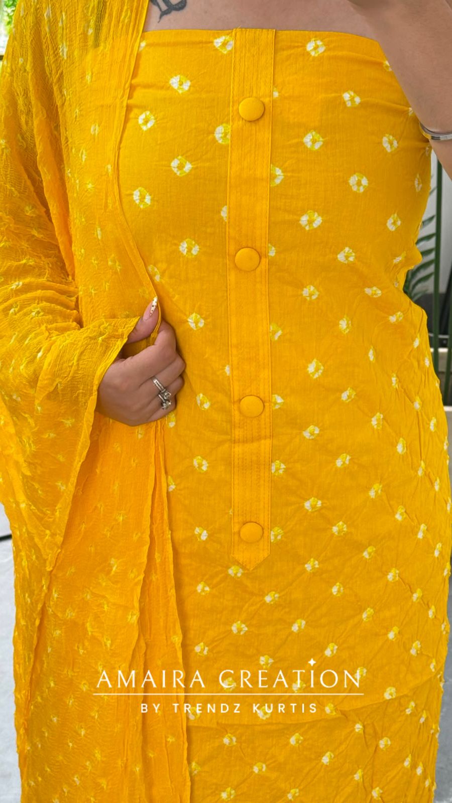 Premium Cotton Yellow Colour Bandhni Print Unstitched Suit With Chiffon Dupatta
