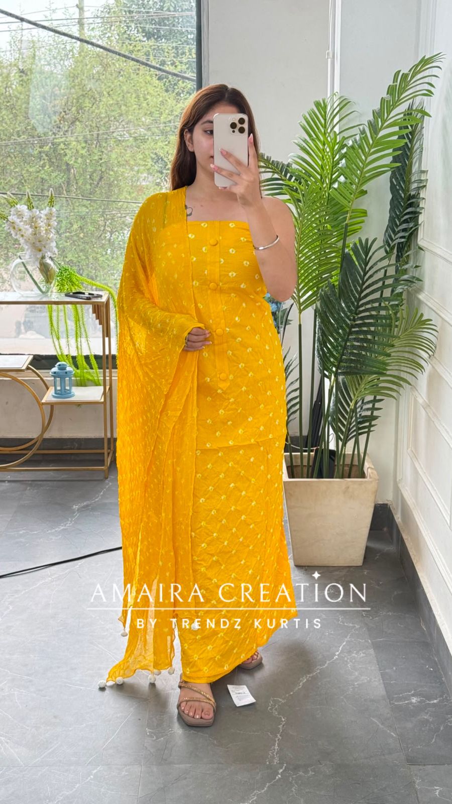 Premium Cotton Yellow Colour Bandhni Print Unstitched Suit With Chiffon Dupatta