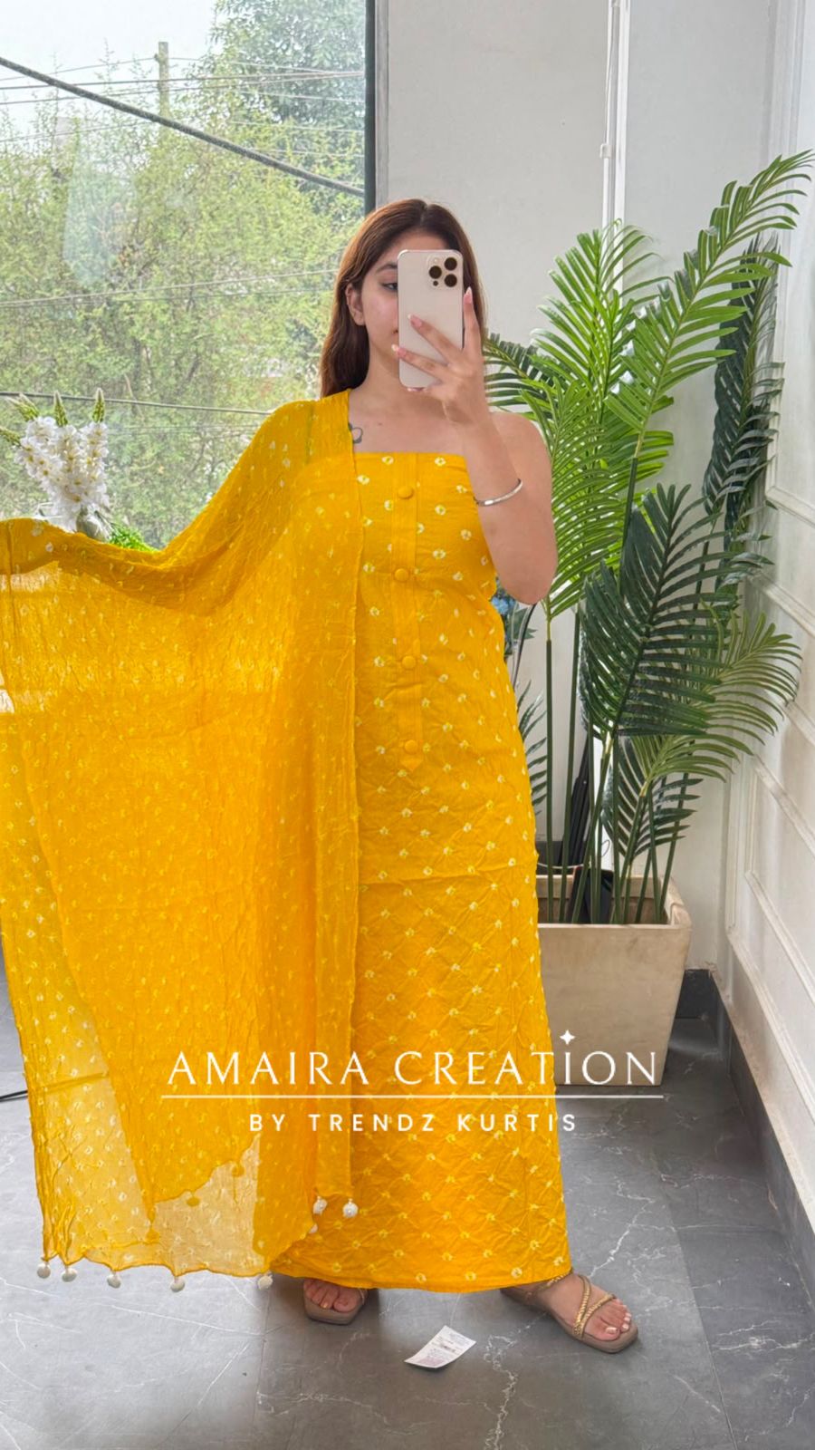Premium Cotton Yellow Colour Bandhni Print Unstitched Suit With Chiffon Dupatta