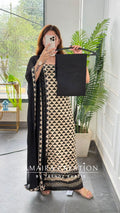 Premium Cotton Pyramid Print Beige n Black Unstitched Suit With Chiffon Dupatta