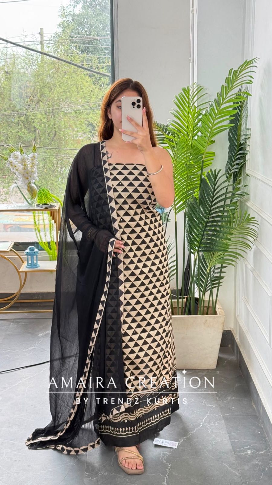 Premium Cotton Pyramid Print Beige n Black Unstitched Suit With Chiffon Dupatta