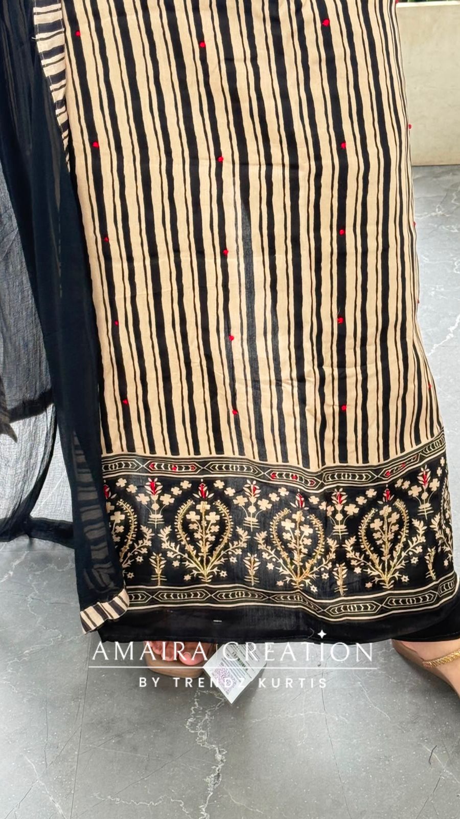 Premium Cotton Stripe Pattern Beige n Black Unstitched Suit With Chiffon Dupatta