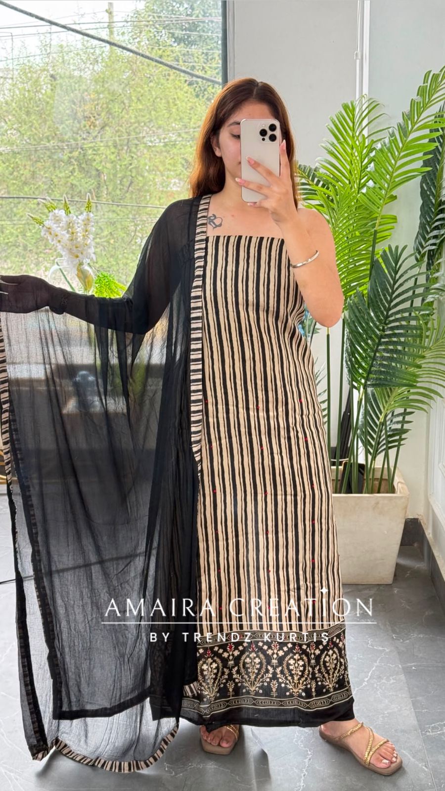 Premium Cotton Stripe Pattern Beige n Black Unstitched Suit With Chiffon Dupatta
