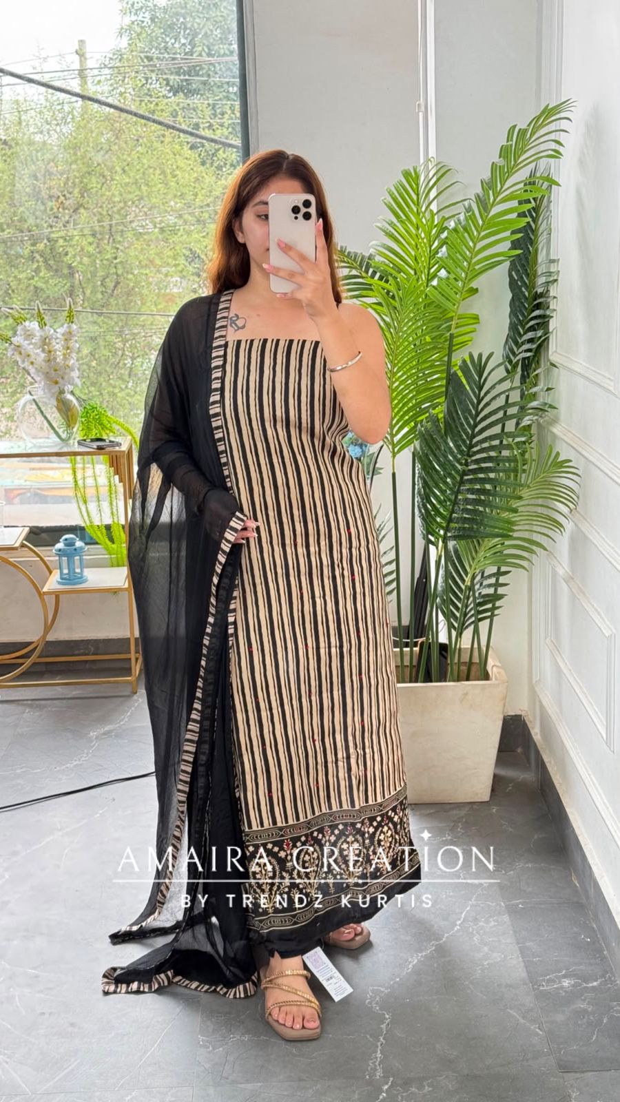 Premium Cotton Stripe Pattern Beige n Black Unstitched Suit With Chiffon Dupatta