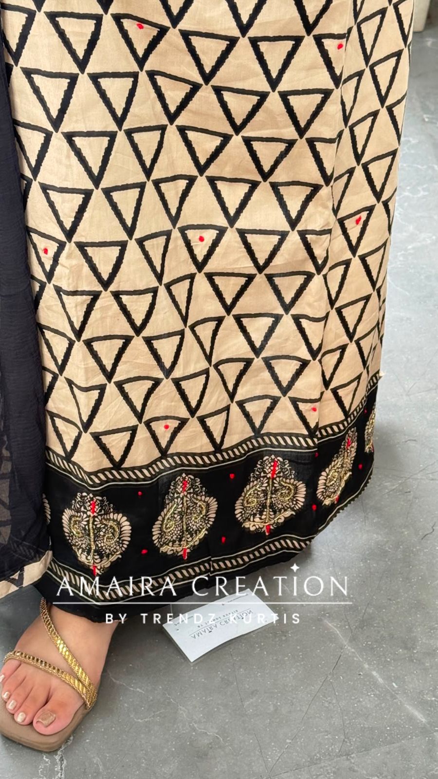 Premium Cotton Triangle print Beige n Black Unstitched Suit With Chiffon Dupatta