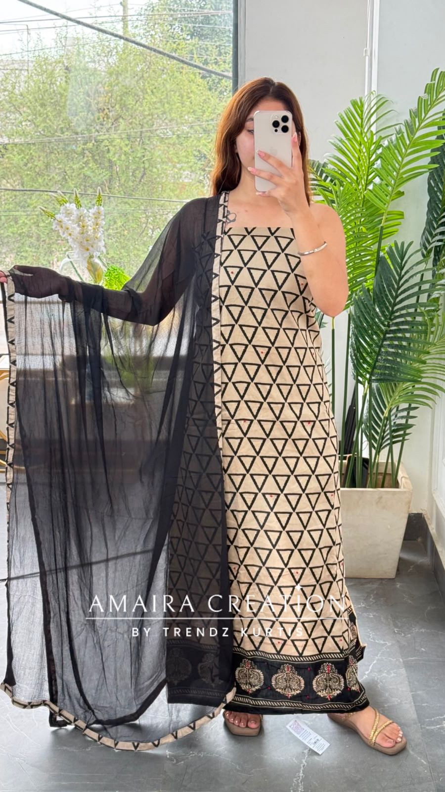 Premium Cotton Triangle print Beige n Black Unstitched Suit With Chiffon Dupatta