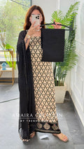 Premium Cotton Triangle print Beige n Black Unstitched Suit With Chiffon Dupatta