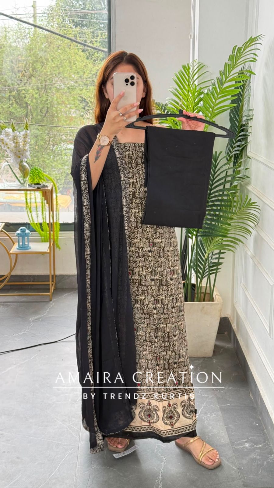 Premium Cotton Black Beige Tribal Print Colour Unstitched Suit With Chiffon Dupatta