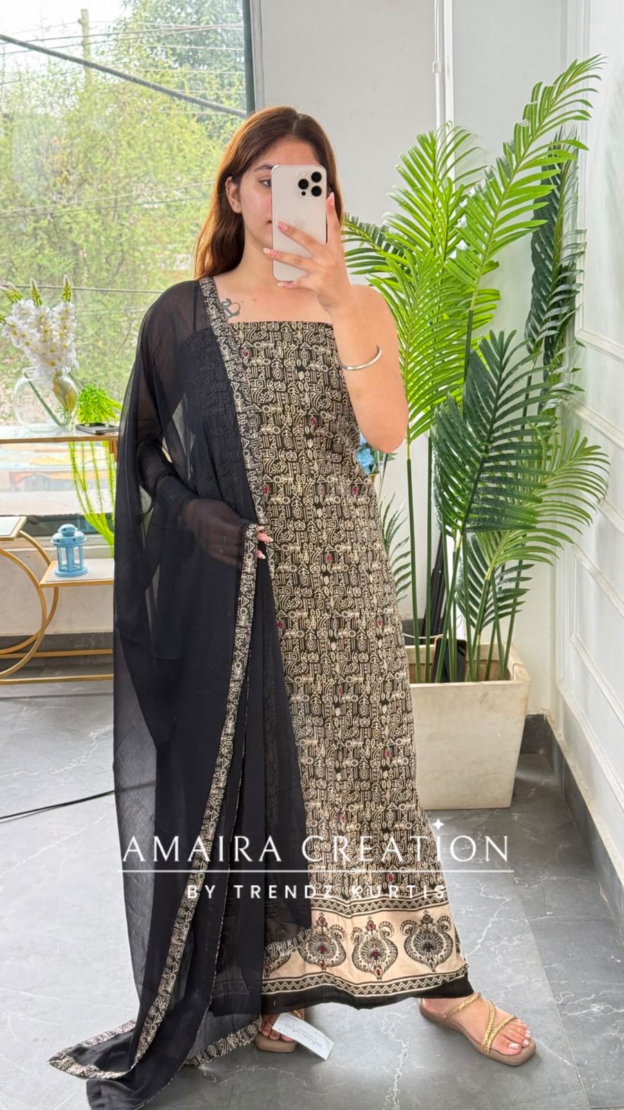 Premium Cotton Black Beige Tribal Print Colour Unstitched Suit With Chiffon Dupatta