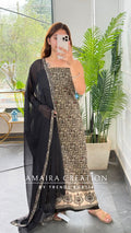 Premium Cotton Black Beige Tribal Print Colour Unstitched Suit With Chiffon Dupatta