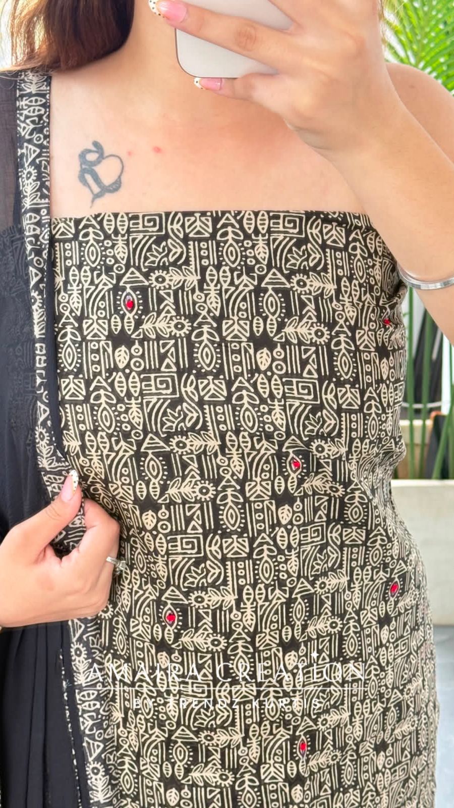 Premium Cotton Black Beige Tribal Print Colour Unstitched Suit With Chiffon Dupatta
