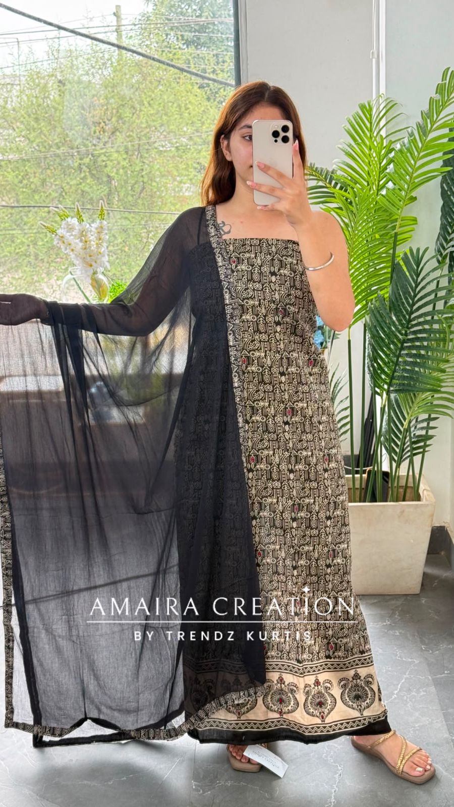 Premium Cotton Black Beige Tribal Print Colour Unstitched Suit With Chiffon Dupatta