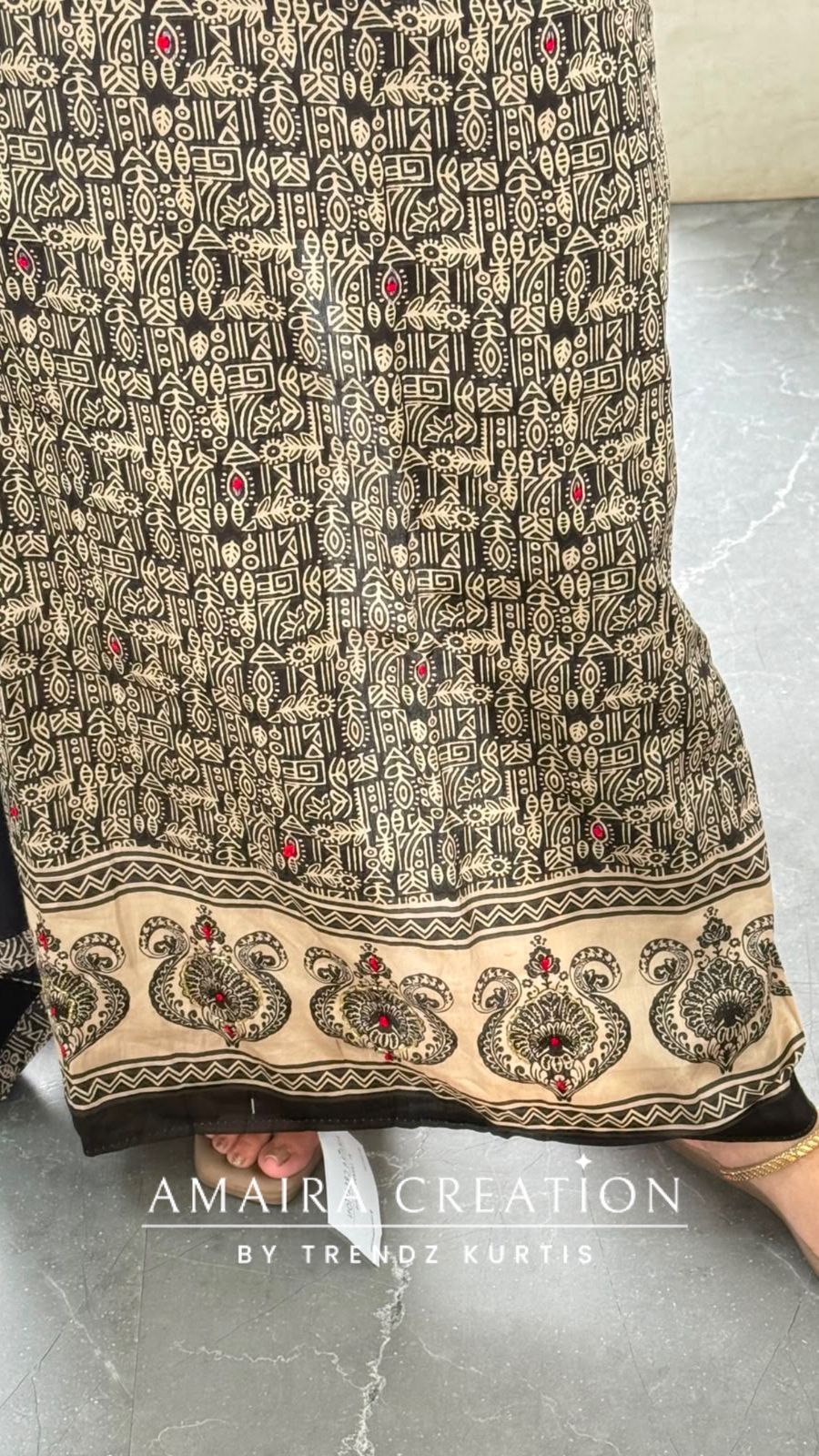 Premium Cotton Black Beige Tribal Print Colour Unstitched Suit With Chiffon Dupatta