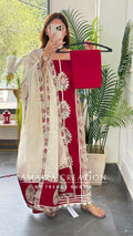 Premium Cotton Maroon Colour Unstitched Suit With Beautiful Lace Detailing