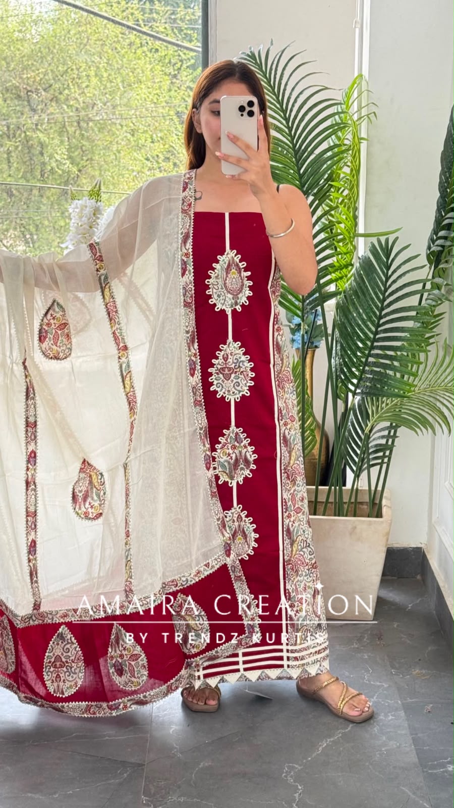 Premium Cotton Maroon Colour Unstitched Suit With Beautiful Lace Detailing