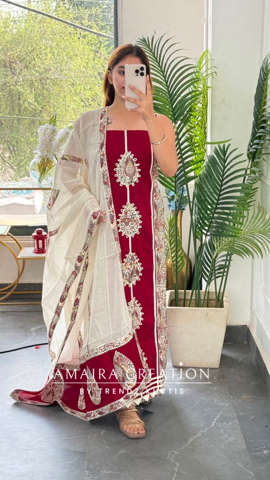 Premium Cotton Maroon Colour Unstitched Suit With Beautiful Lace Detailing