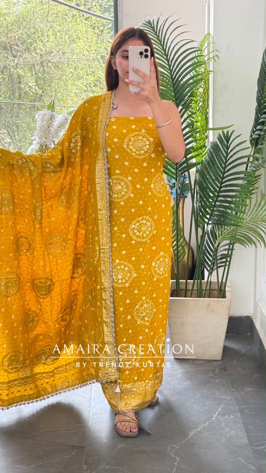 Premium Silk Bandhez Print Unstitched Suit With Banarasi Pattern Silk Dupatta