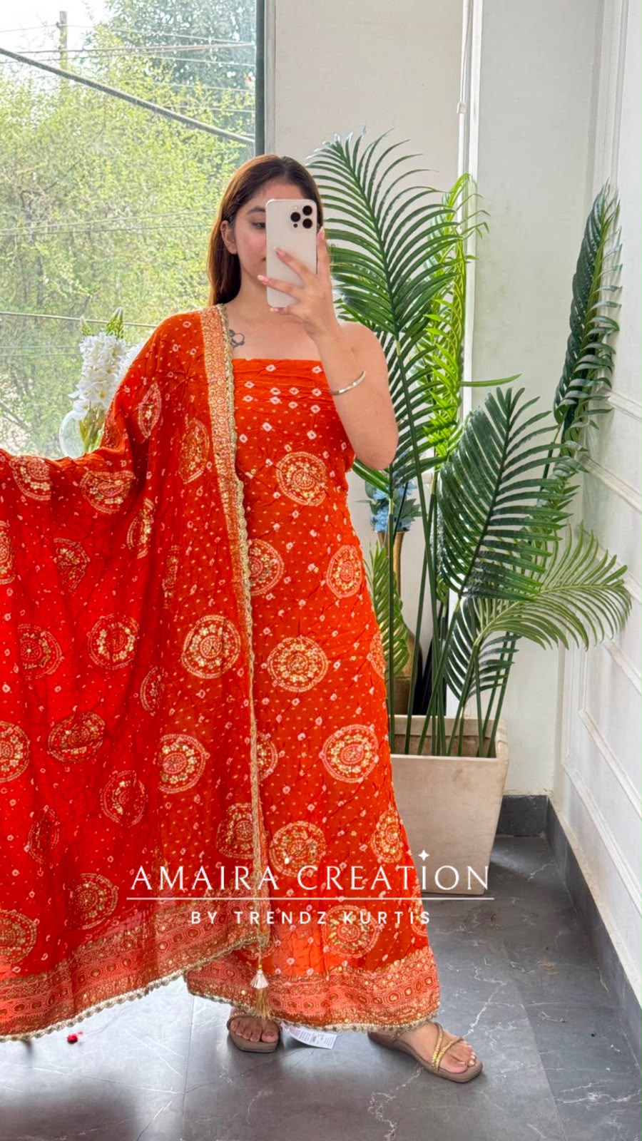 Premium Silk Bandhez Print Orange Colour Unstitched Suit With Banarasi Pattern Silk Dupatta