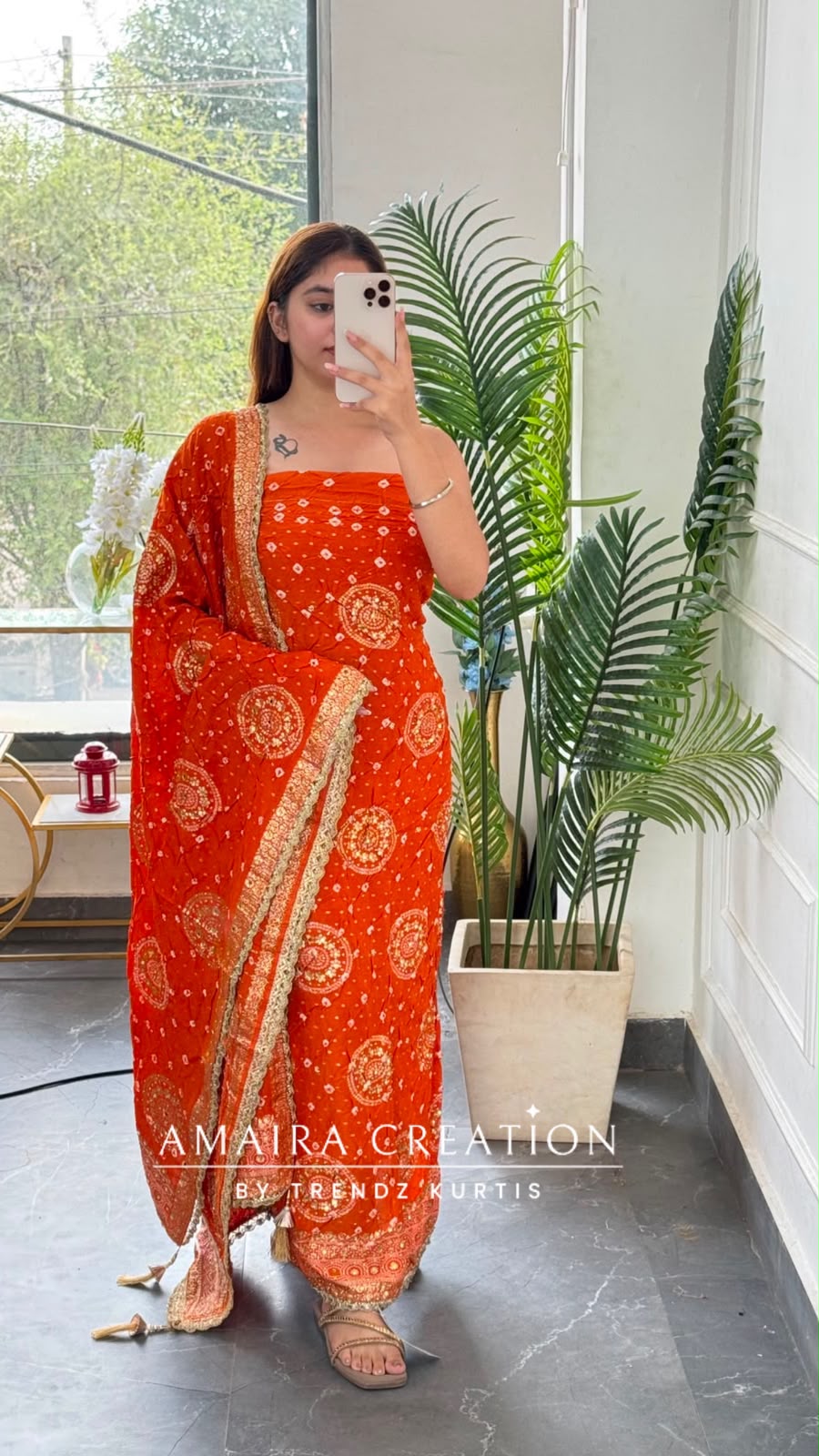 Premium Silk Bandhez Print Orange Colour Unstitched Suit With Banarasi Pattern Silk Dupatta