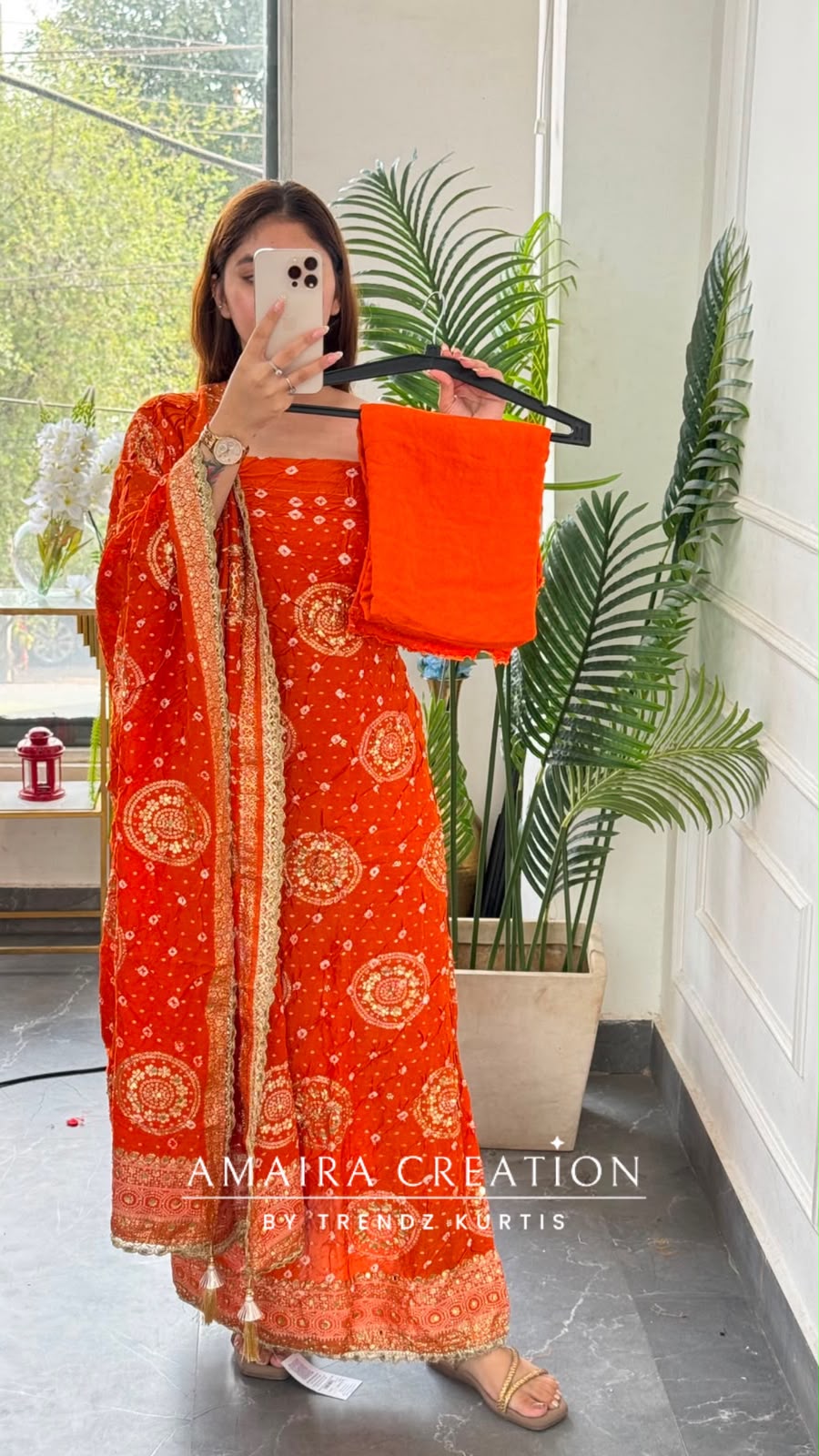 Premium Silk Bandhez Print Orange Colour Unstitched Suit With Banarasi Pattern Silk Dupatta