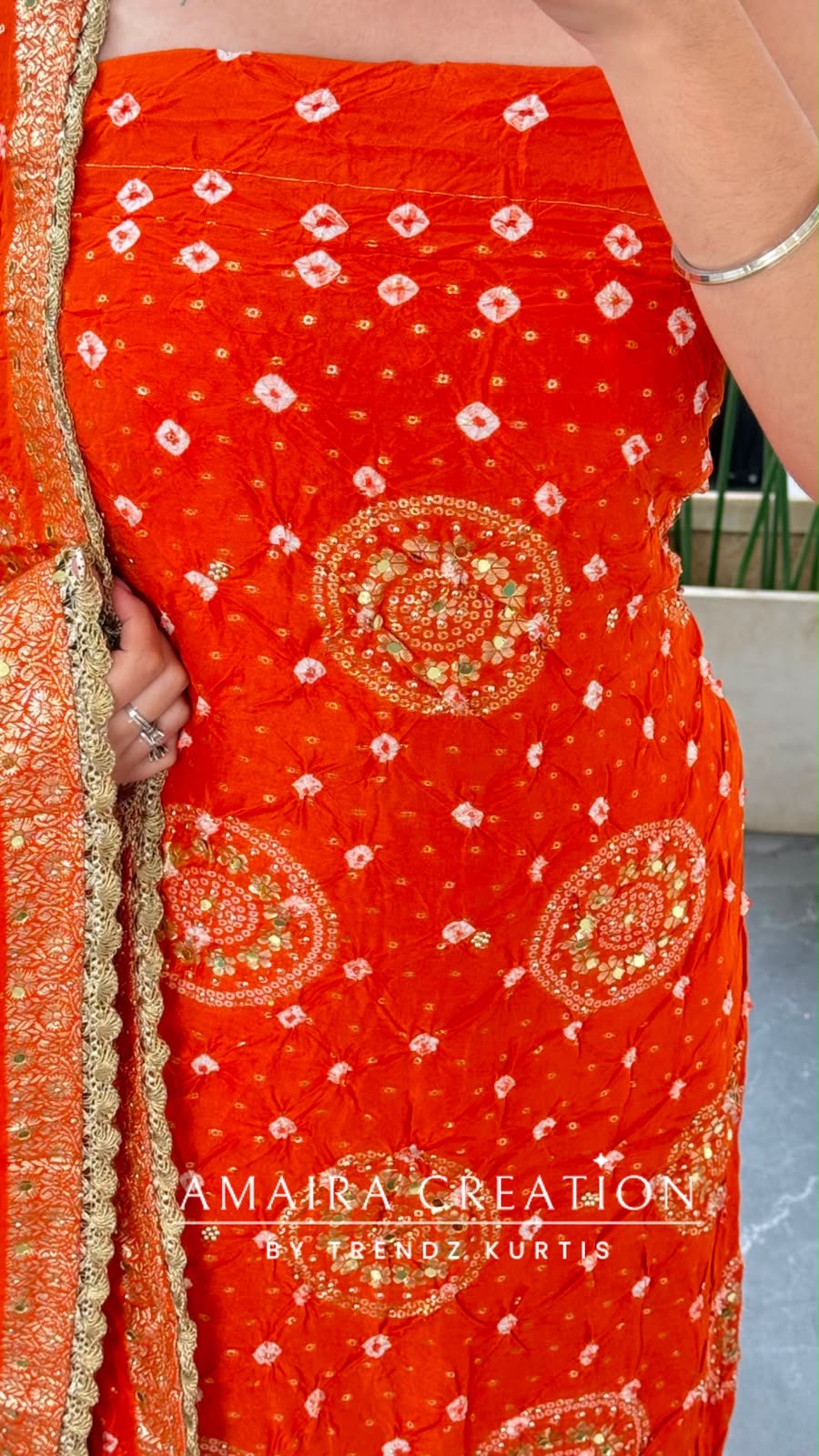 Premium Silk Bandhez Print Orange Colour Unstitched Suit With Banarasi Pattern Silk Dupatta