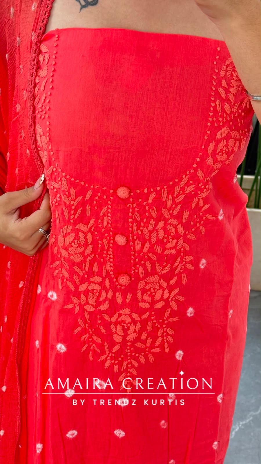 Premium Cotton Gajari Colour Bandhni Print Chikankari Detailing Unstitched Suit With Chiffon Dupatta
