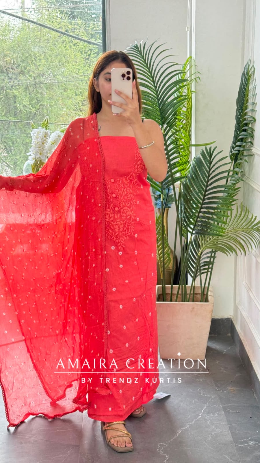 Premium Cotton Gajari Colour Bandhni Print Chikankari Detailing Unstitched Suit With Chiffon Dupatta