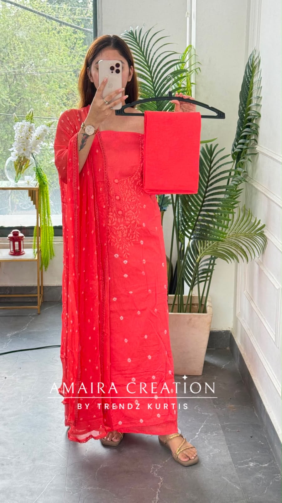 Premium Cotton Gajari Colour Bandhni Print Chikankari Detailing Unstitched Suit With Chiffon Dupatta