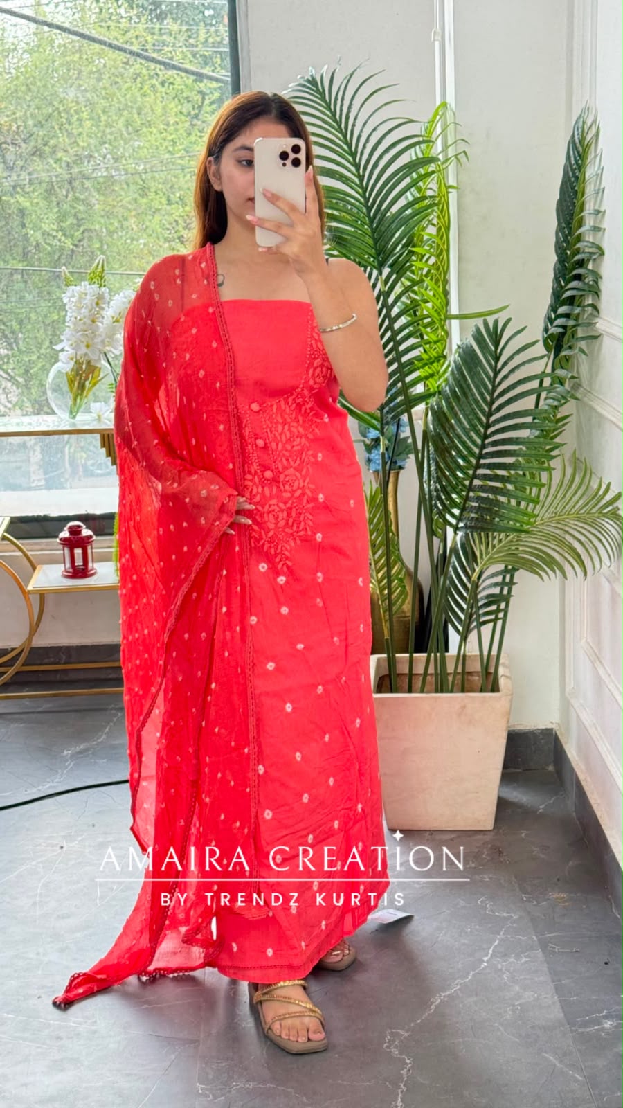Premium Cotton Gajari Colour Bandhni Print Chikankari Detailing Unstitched Suit With Chiffon Dupatta