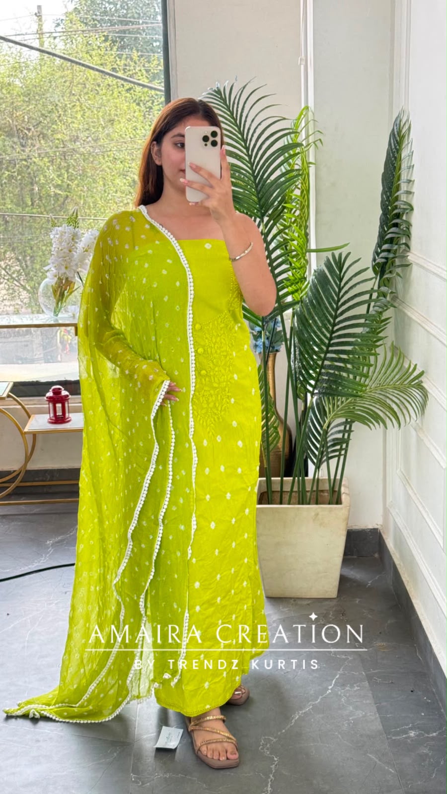 Premium Cotton Parrot Green Colour Bandhni Print Chikankari Detailing Unstitched Suit With Chiffon Dupatta