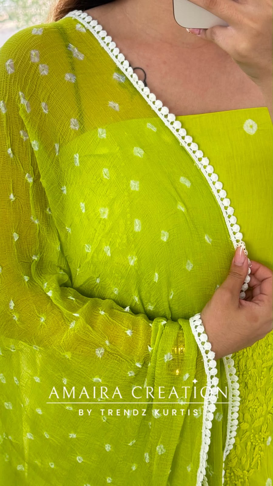 Premium Cotton Parrot Green Colour Bandhni Print Chikankari Detailing Unstitched Suit With Chiffon Dupatta