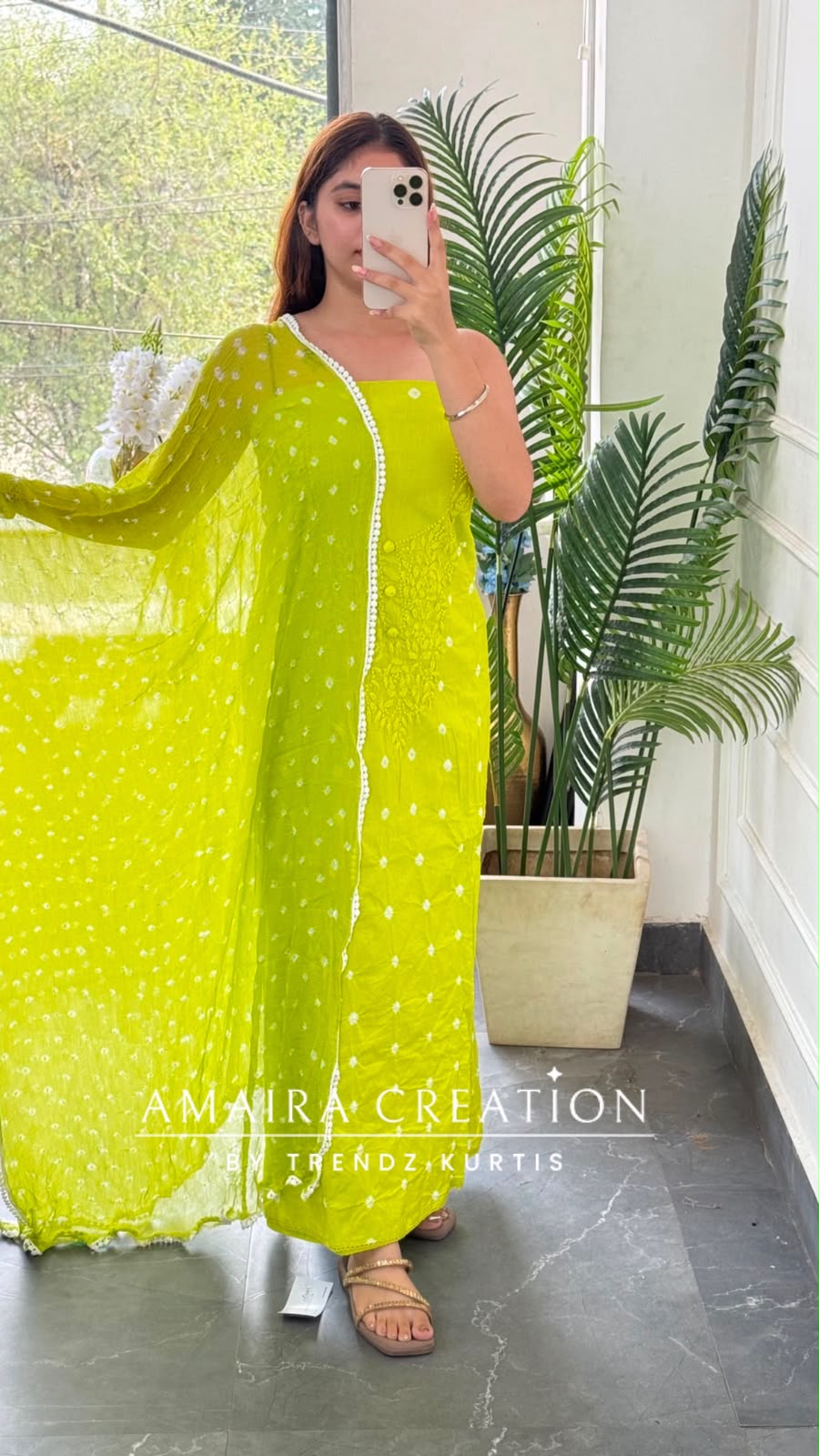 Premium Cotton Parrot Green Colour Bandhni Print Chikankari Detailing Unstitched Suit With Chiffon Dupatta