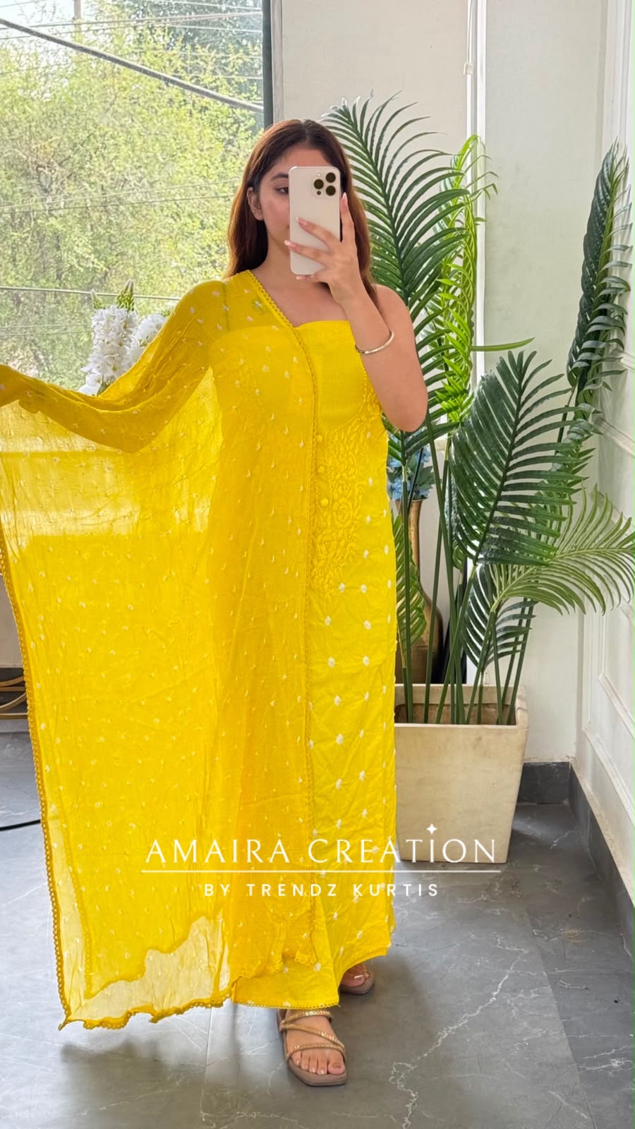 Premium Cotton Yellow Colour Bandhni Print Chikankari Detailing Unstitched Suit With Chiffon Dupatta